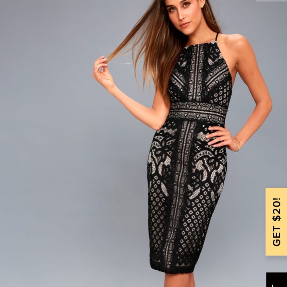 Lulu’s PRIMROSE NUDE & BLACK LACE MIDI DRESS